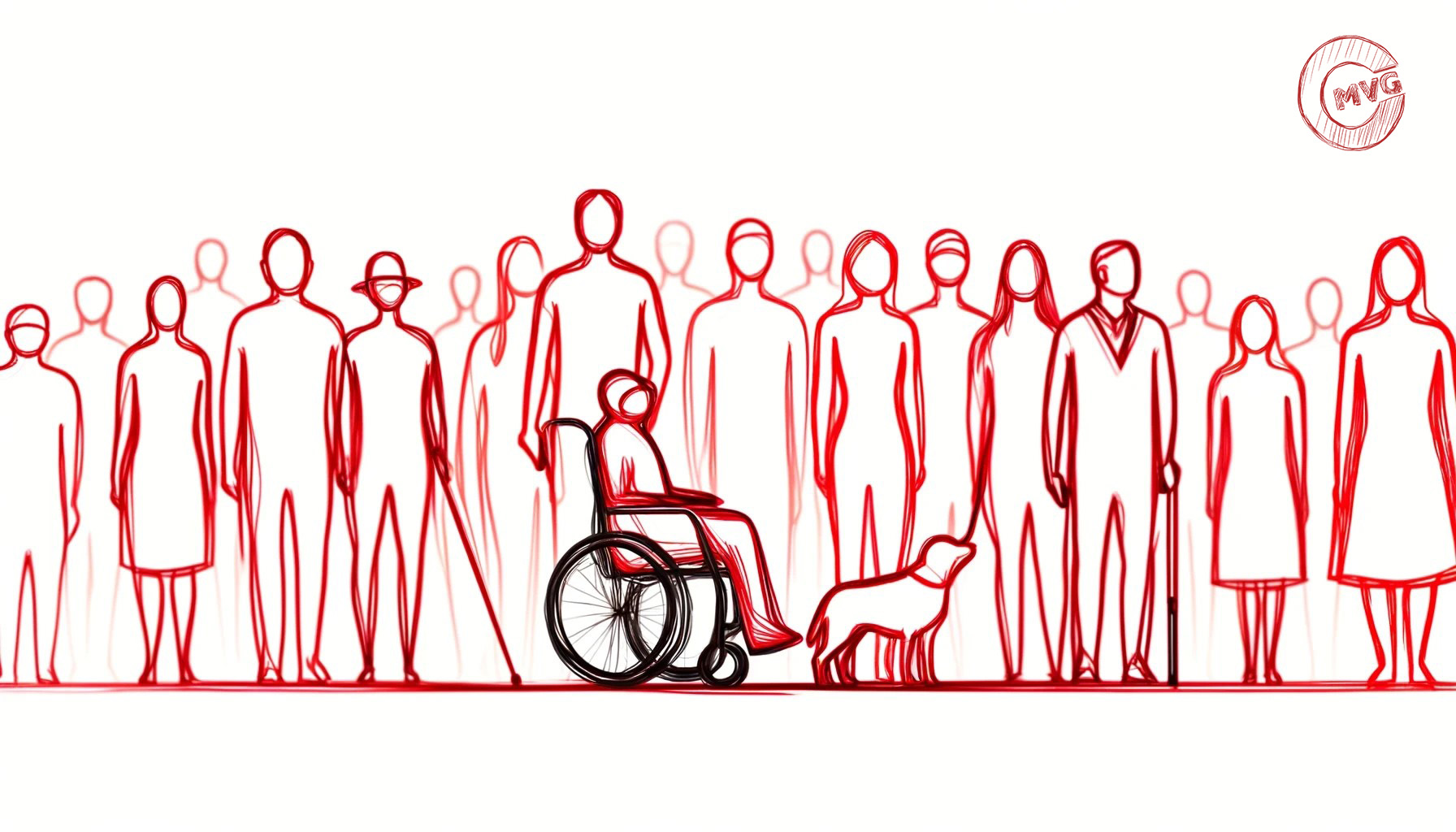Gezeichnetes Bild mit vielen Menschen, Rollstuhl, Hund, Stock